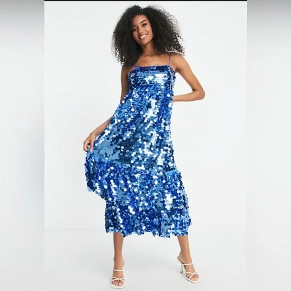 ASOS | Dresses | Asos Edition Tiered Sequin Cami Midi Dress In Blue Size 4  | Poshmark